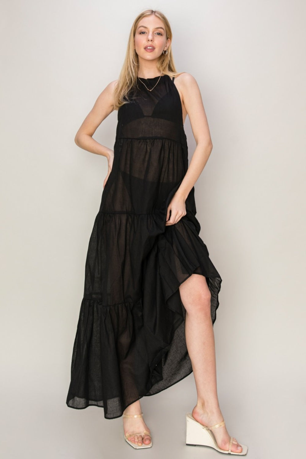 Halter Neck Cover Up Black Resort Maxi Beach Cover Dress