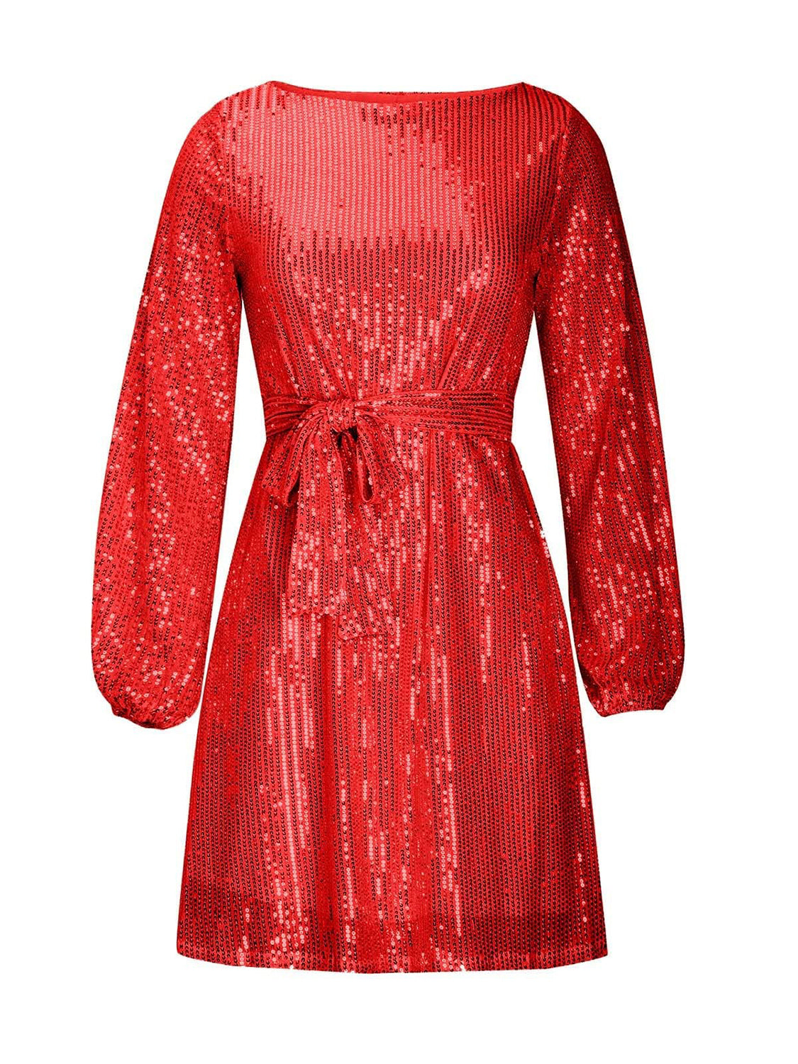 Sequin Tie Waist Long Sleeve Mini Cocktail Dress