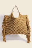 Wooden Beaded Handle Braided Tote Bag