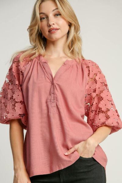 Full Size Lace Puff Sleeve Top