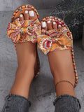 Bow Printed Open Toe Flat Resort Sandals