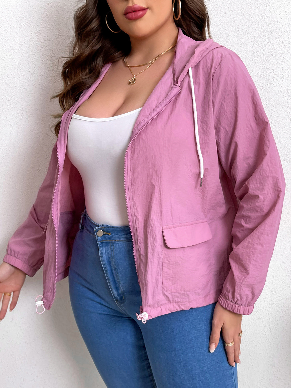 Plus Size Pink Zip-Up Drawstring Hooded Jacket with Pockets