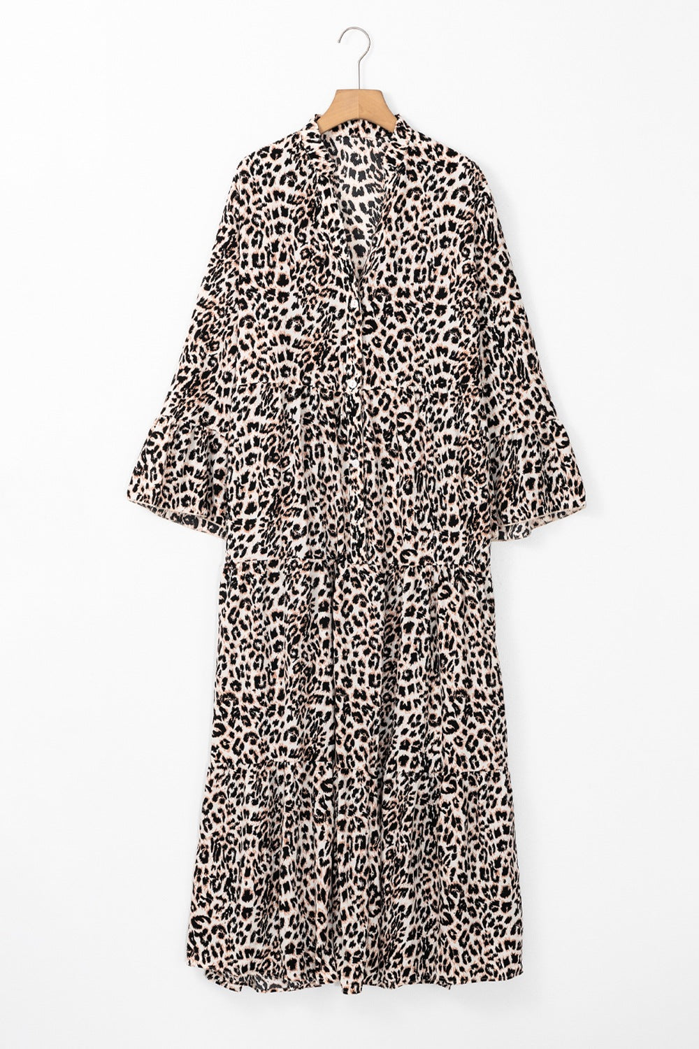 Leopard Notched Long Sleeve Maxi Resort Dress