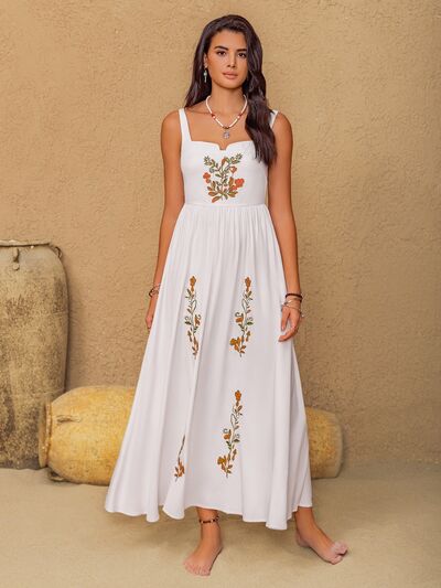 Floral Embroidered White Sleeveless Beach Maxi Dress