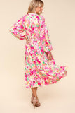 Full Size Floral Balloon Sleeve Summer Midi Dress with Side Pockets