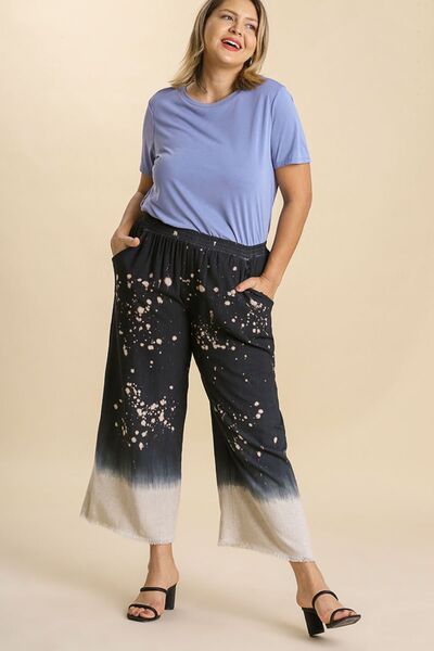 Full Size Raw Hem Linen Blend Bleach Dip Dye Boho Wide Leg Pants