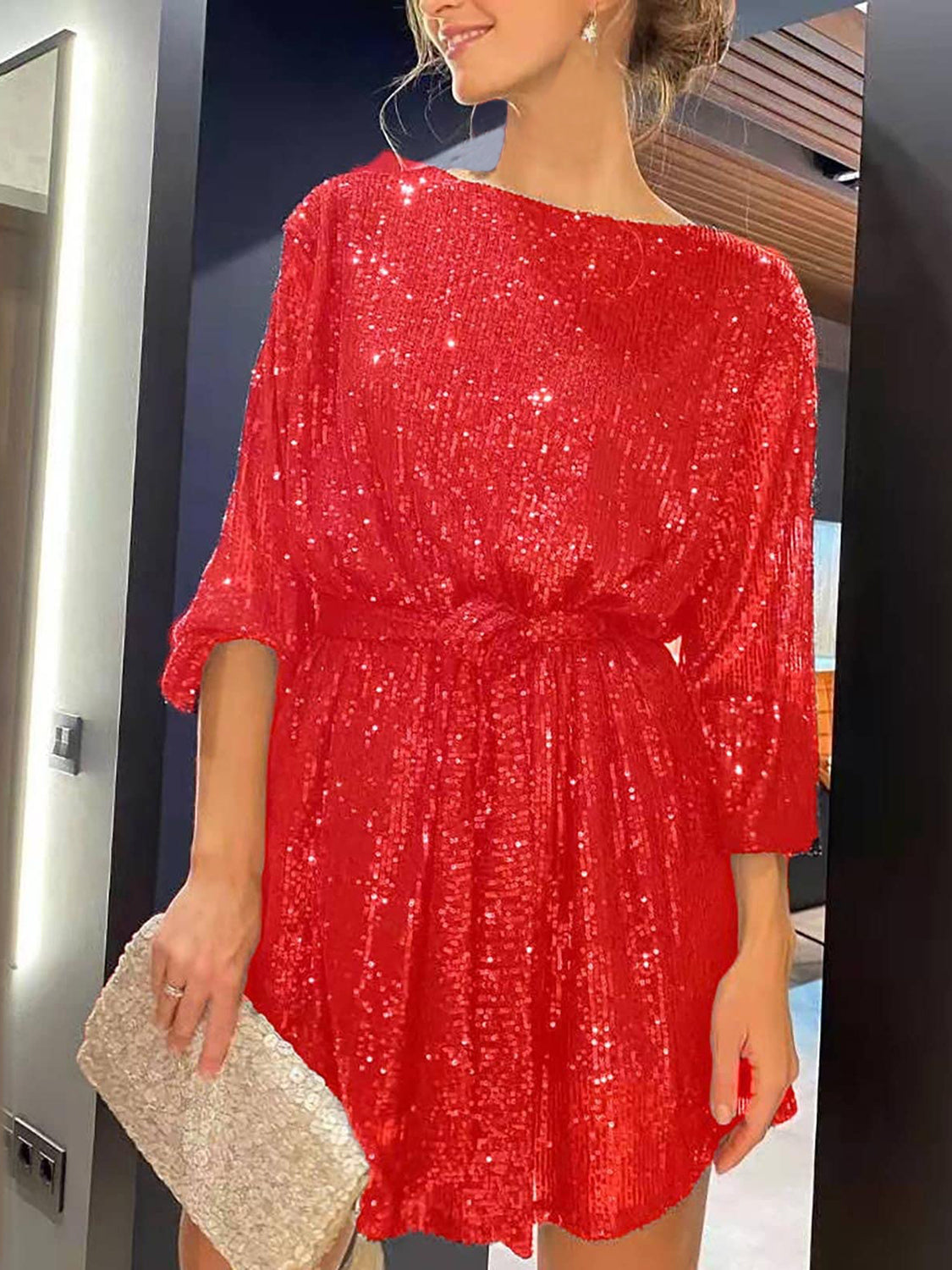 Sequin Tie Waist Long Sleeve Mini Cocktail Dress