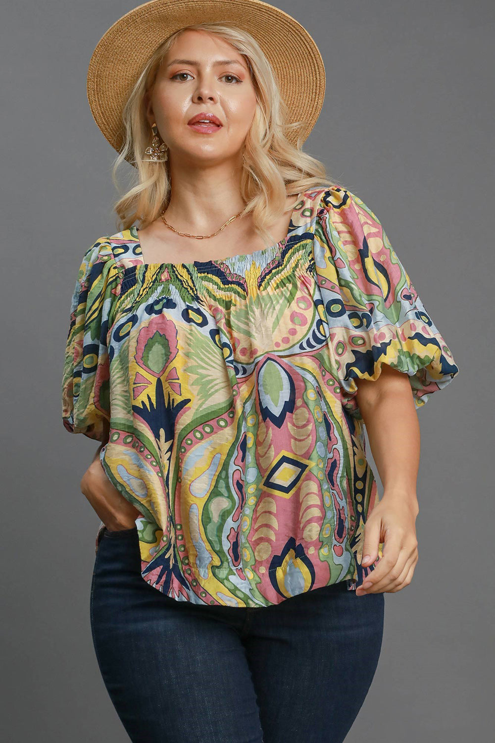 Full Size Abstract Puff Sleeve Resort Blouse