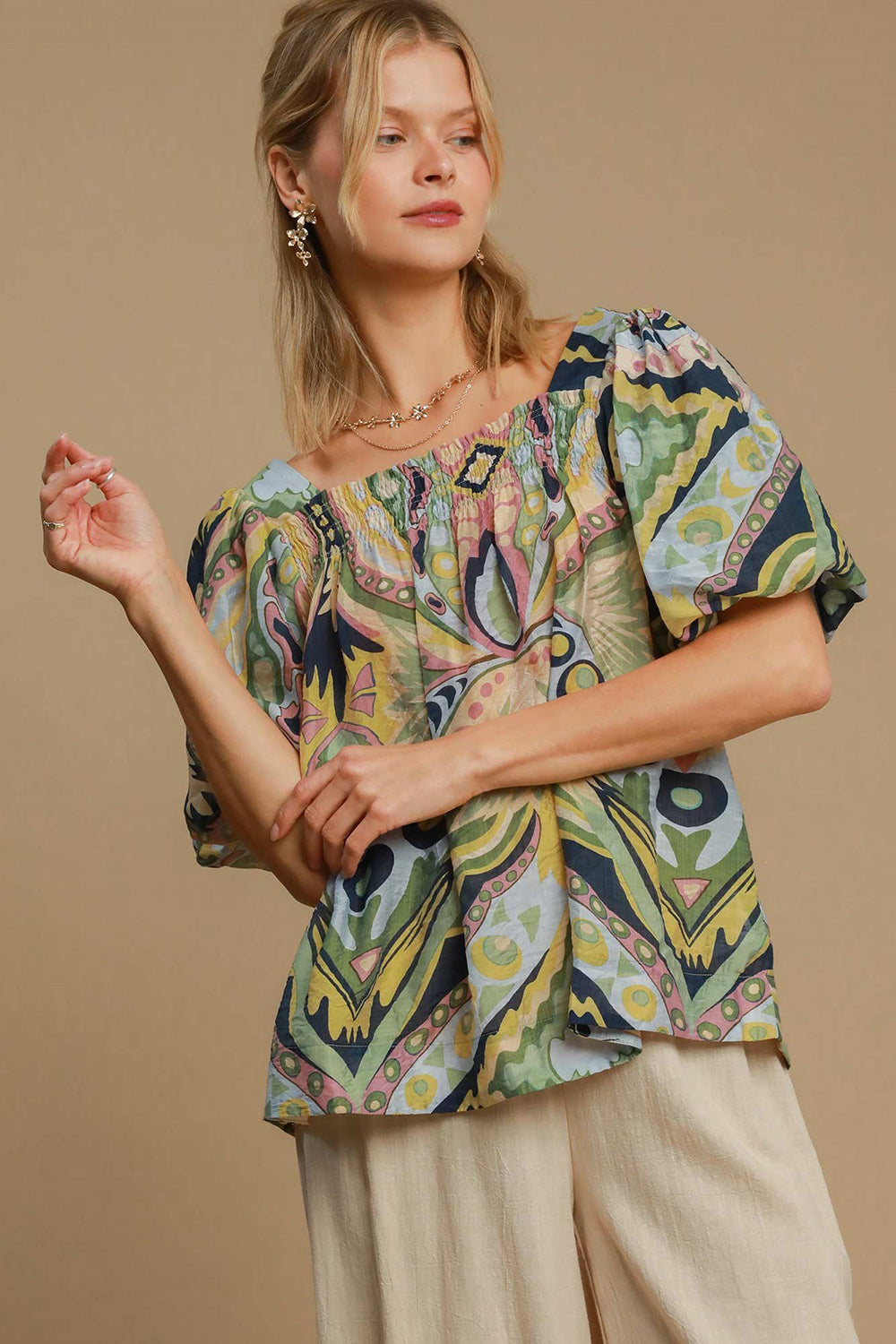 Full Size Abstract Puff Sleeve Resort Blouse