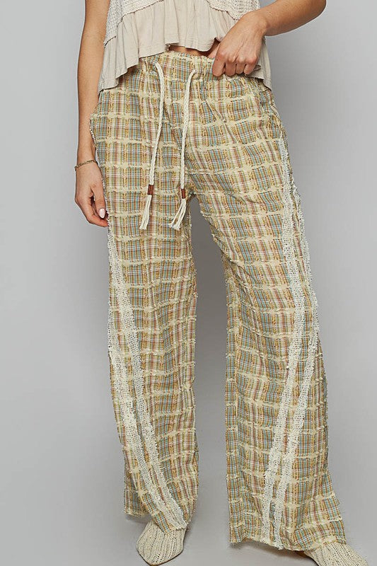 Lace Trim Drawstring Checkered Wide Leg Beachy Boho Pants