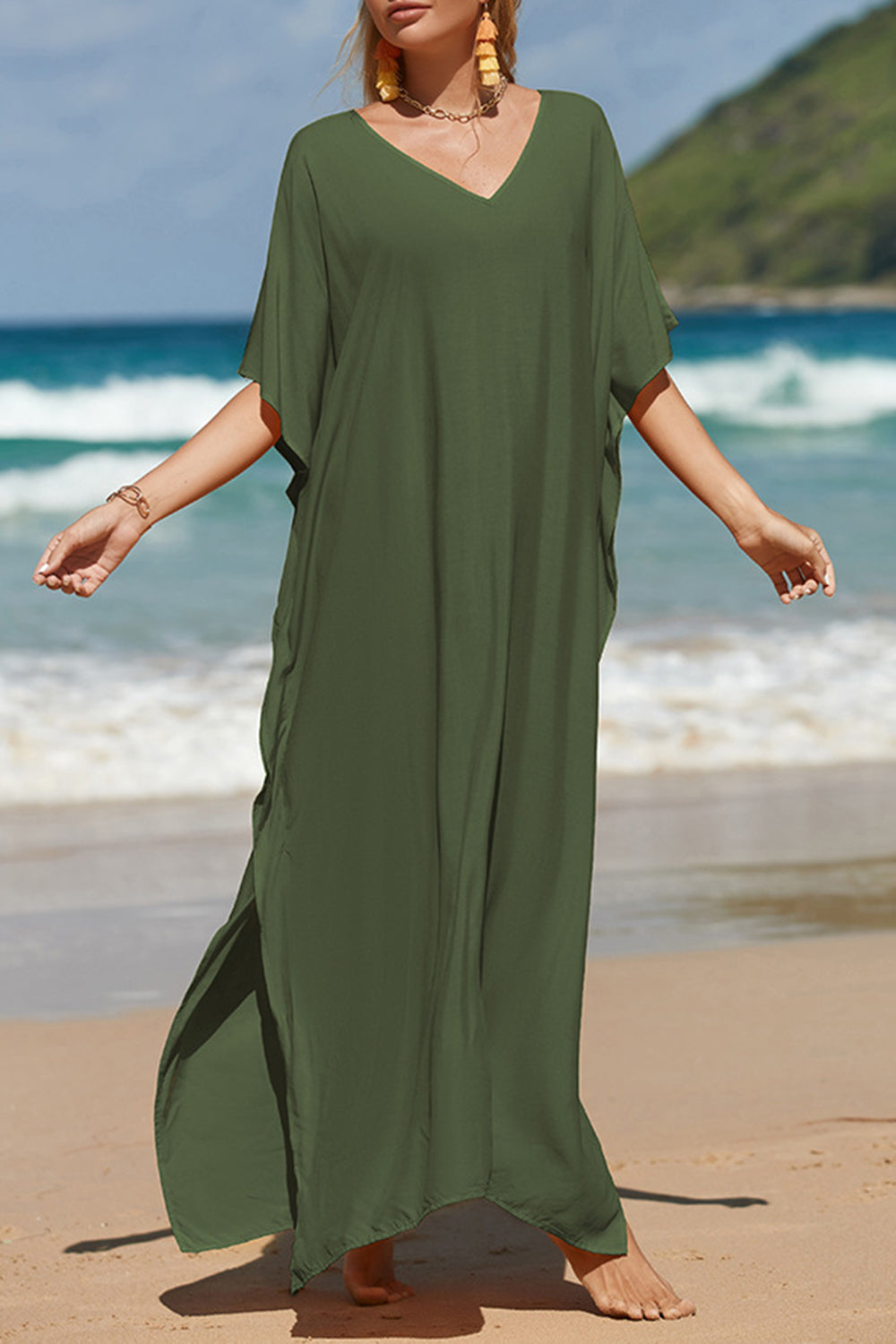 Slit V-Neck Half Sleeve Cover-Up Beach Maxi Dress