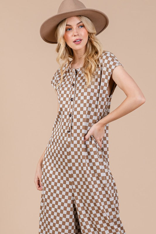 Checkered Half Button Cap Sleeve Resort Jumpsuit