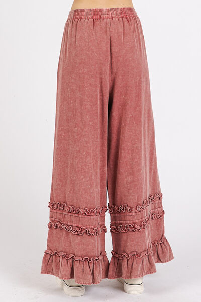 Ruffle Trim Pocket Mineral Wash Boho Beachy Wide Leg Pants