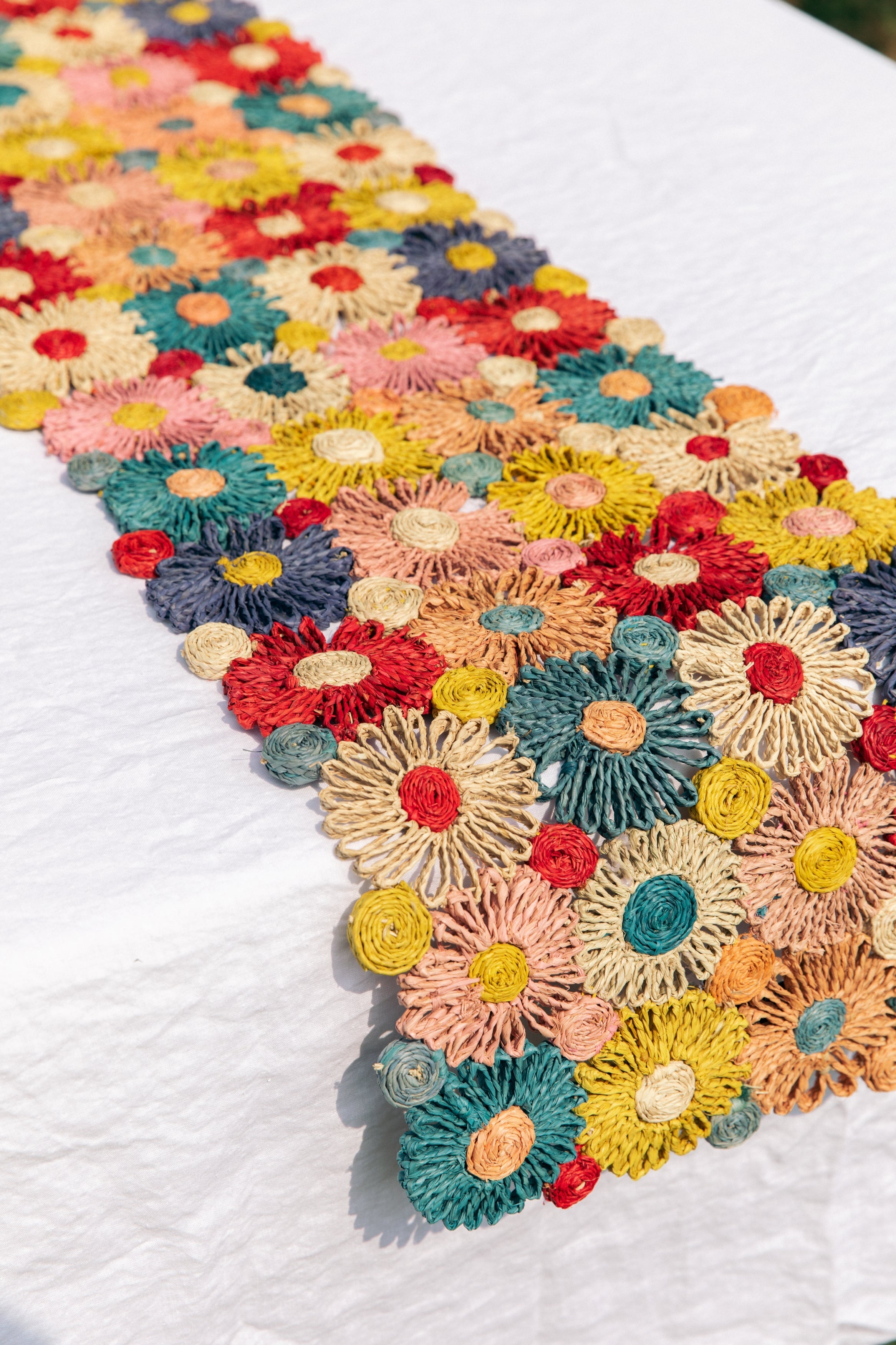 Handmade Fleur Raffia Flower Table Runner, Multicolor Flowers Woven Tabletop