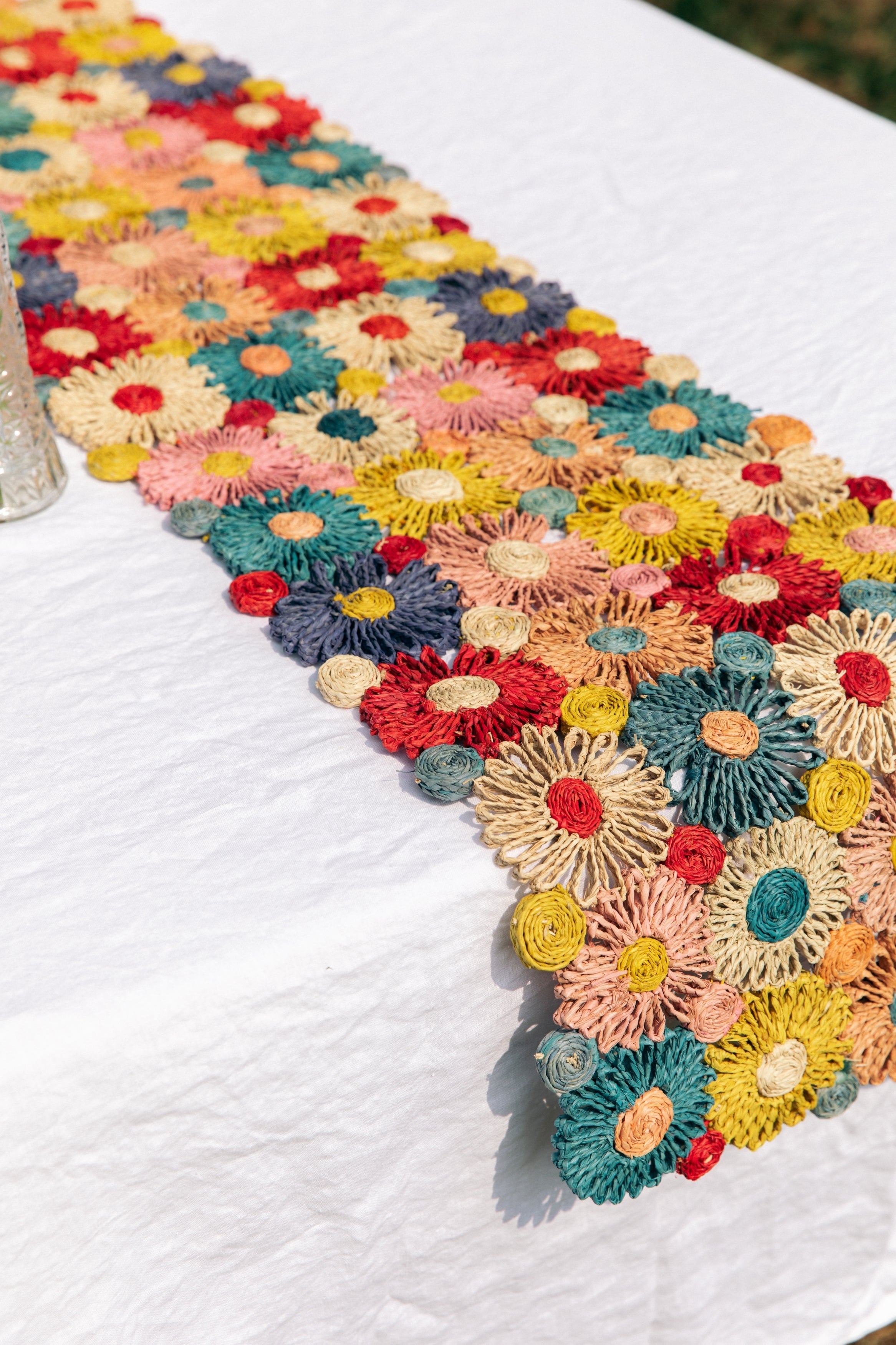 Handmade Fleur Raffia Flower Table Runner, Multicolor Flowers Woven Tabletop