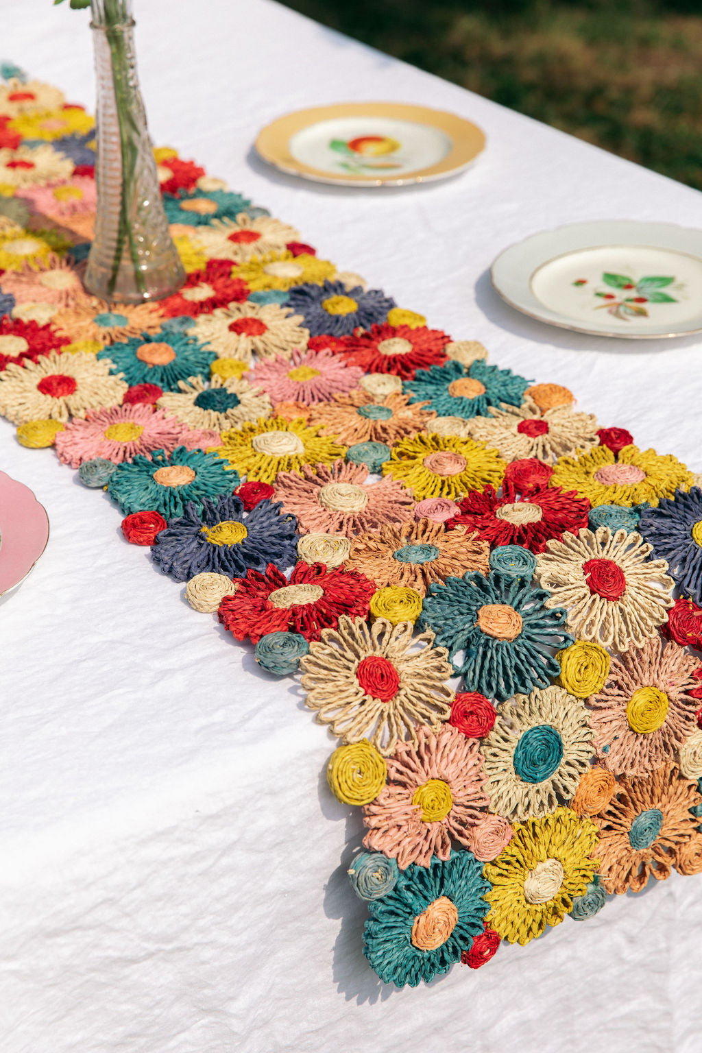 Handmade Fleur Raffia Flower Table Runner, Multicolor Flowers Woven Tabletop