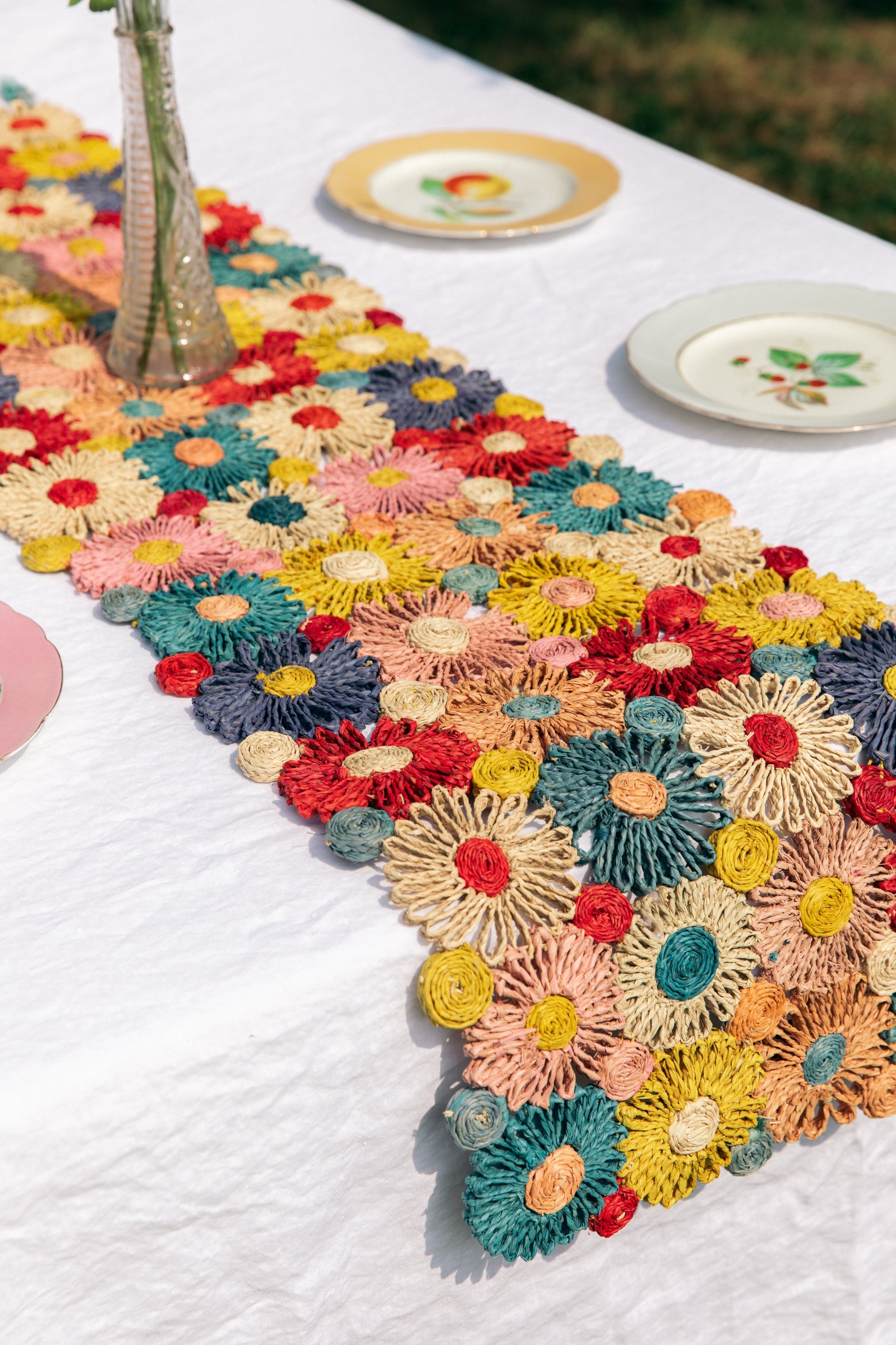 Handmade Fleur Raffia Flower Table Runner, Multicolor Flowers Woven Tabletop