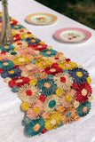 Handmade Fleur Raffia Flower Table Runner, Multicolor Flowers Woven Tabletop