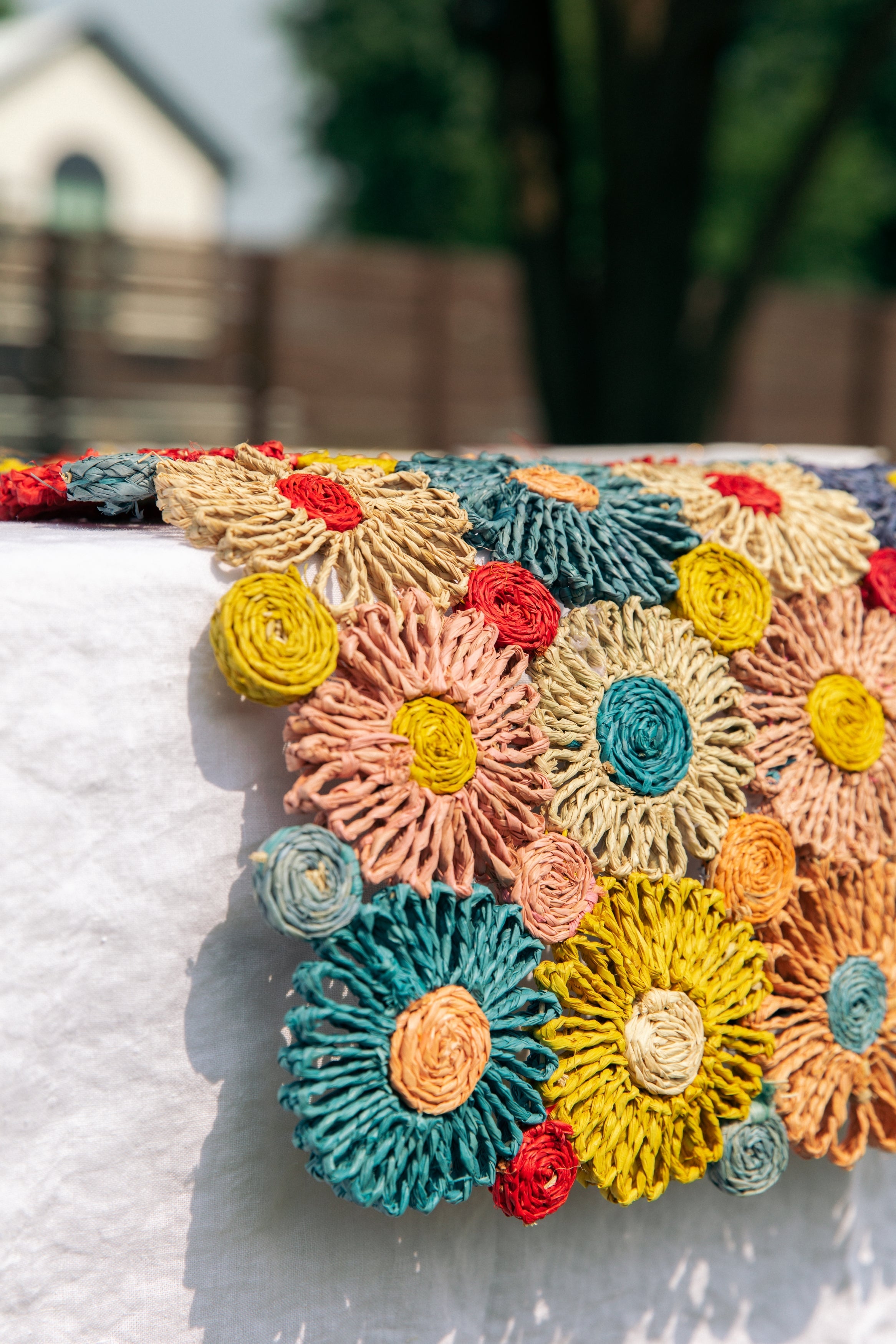 Handmade Fleur Raffia Flower Table Runner, Multicolor Flowers Woven Tabletop