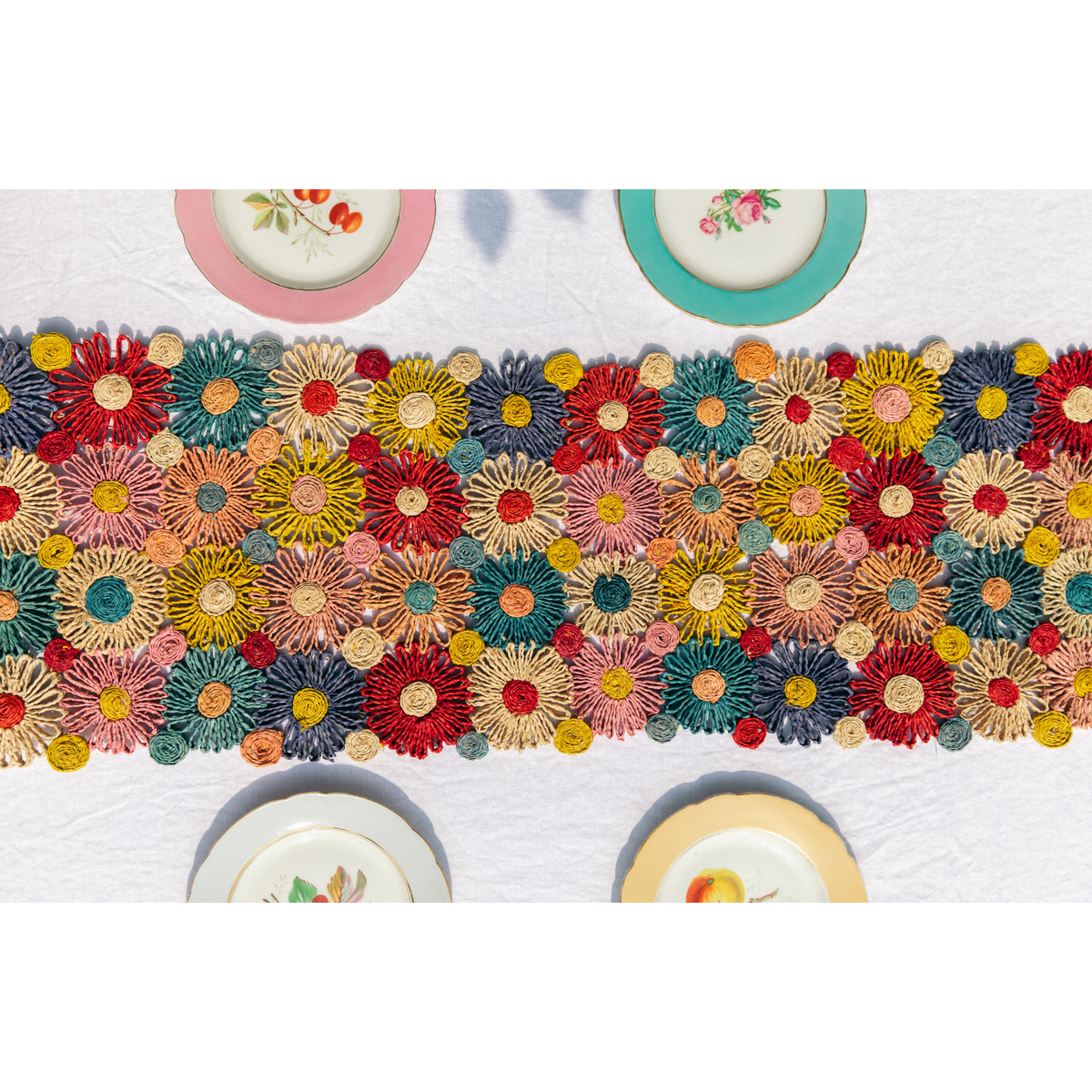 Handmade Fleur Raffia Flower Table Runner, Multicolor Flowers Woven Tabletop