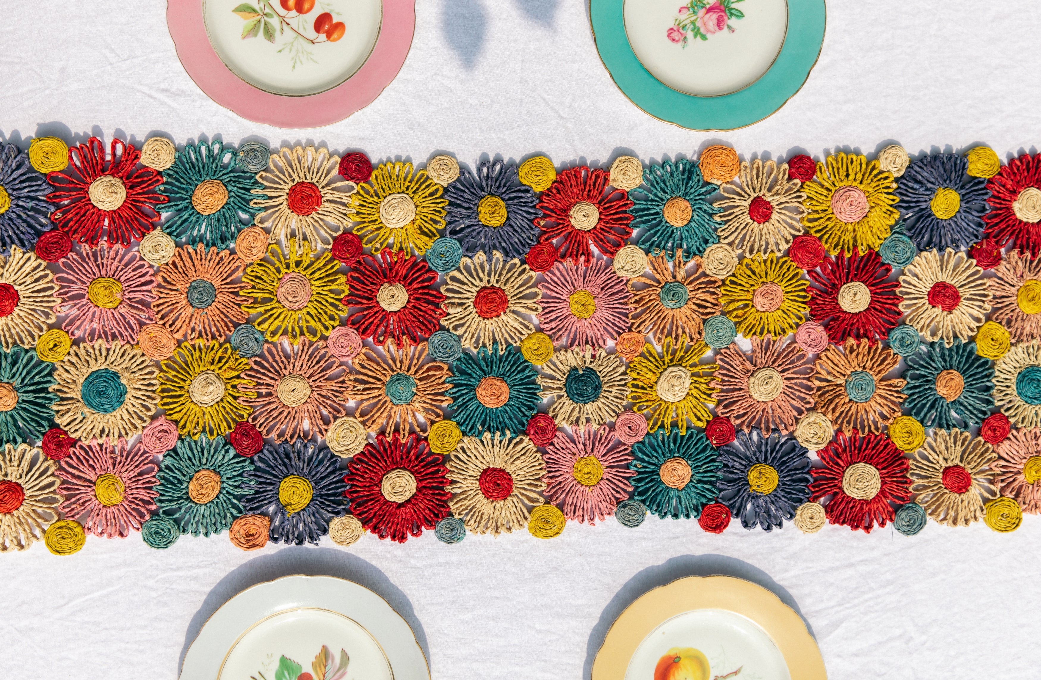 Handmade Fleur Raffia Flower Table Runner, Multicolor Flowers Woven Tabletop