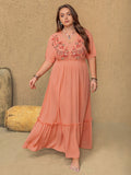 Plus Size Frill Embroidered V-Neck Half Sleeve Resort Maxi Dress