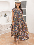 Plus Size Ruffled Printed Cap Sleeve Maxi Dress