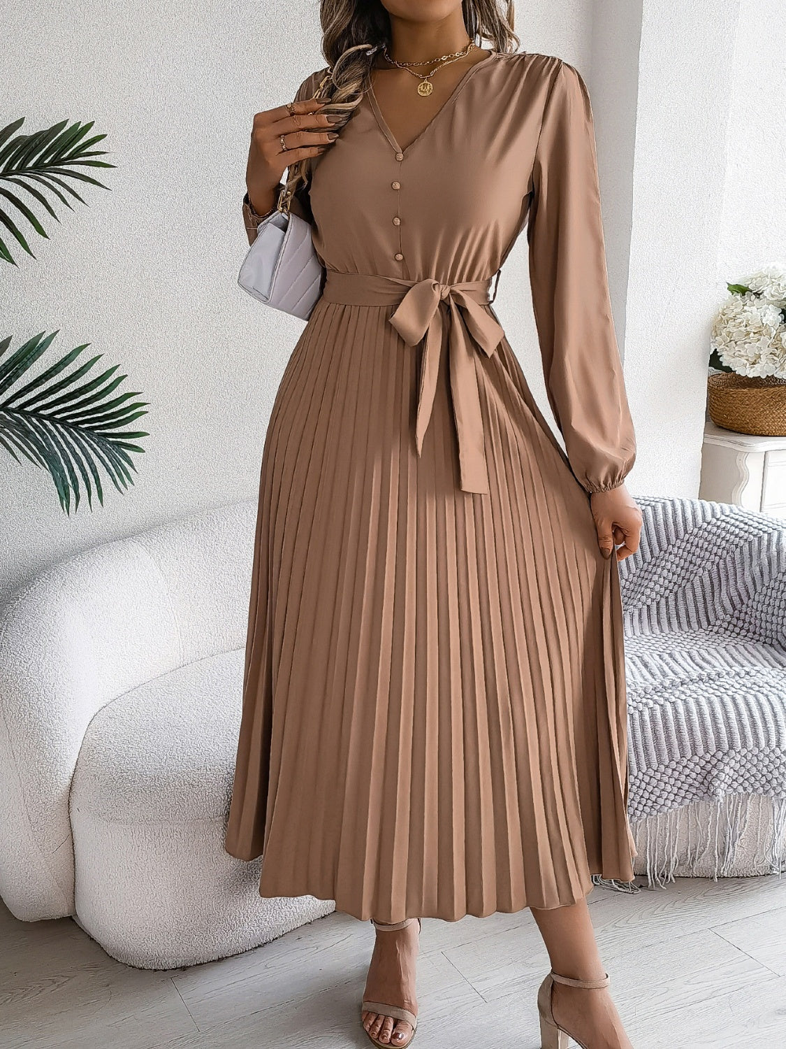 Pleated Tied V-Neck Long Sleeve Midi Dress