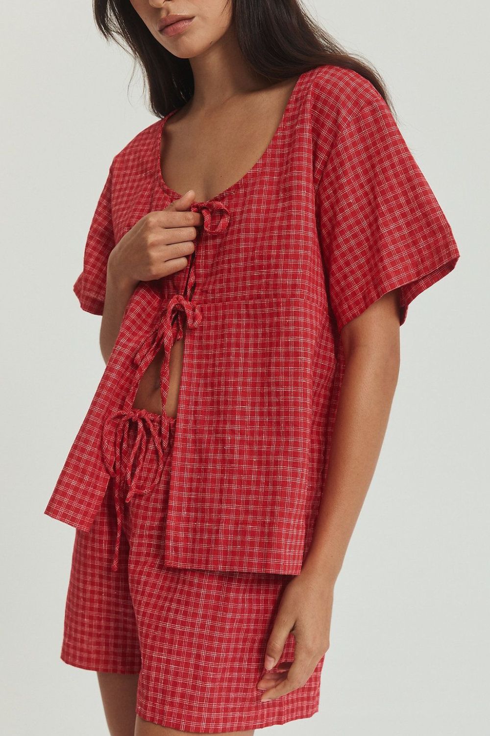 Plaid Tie Front Short Sleeve Top and Drawstring Shorts Set