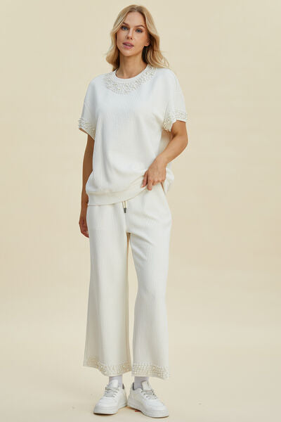 Full Size Pearl Detail Resort Top and Pants Set