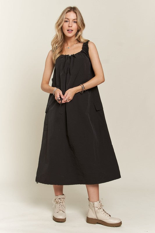 Drawstring Slit Back Cargo Midi Dress