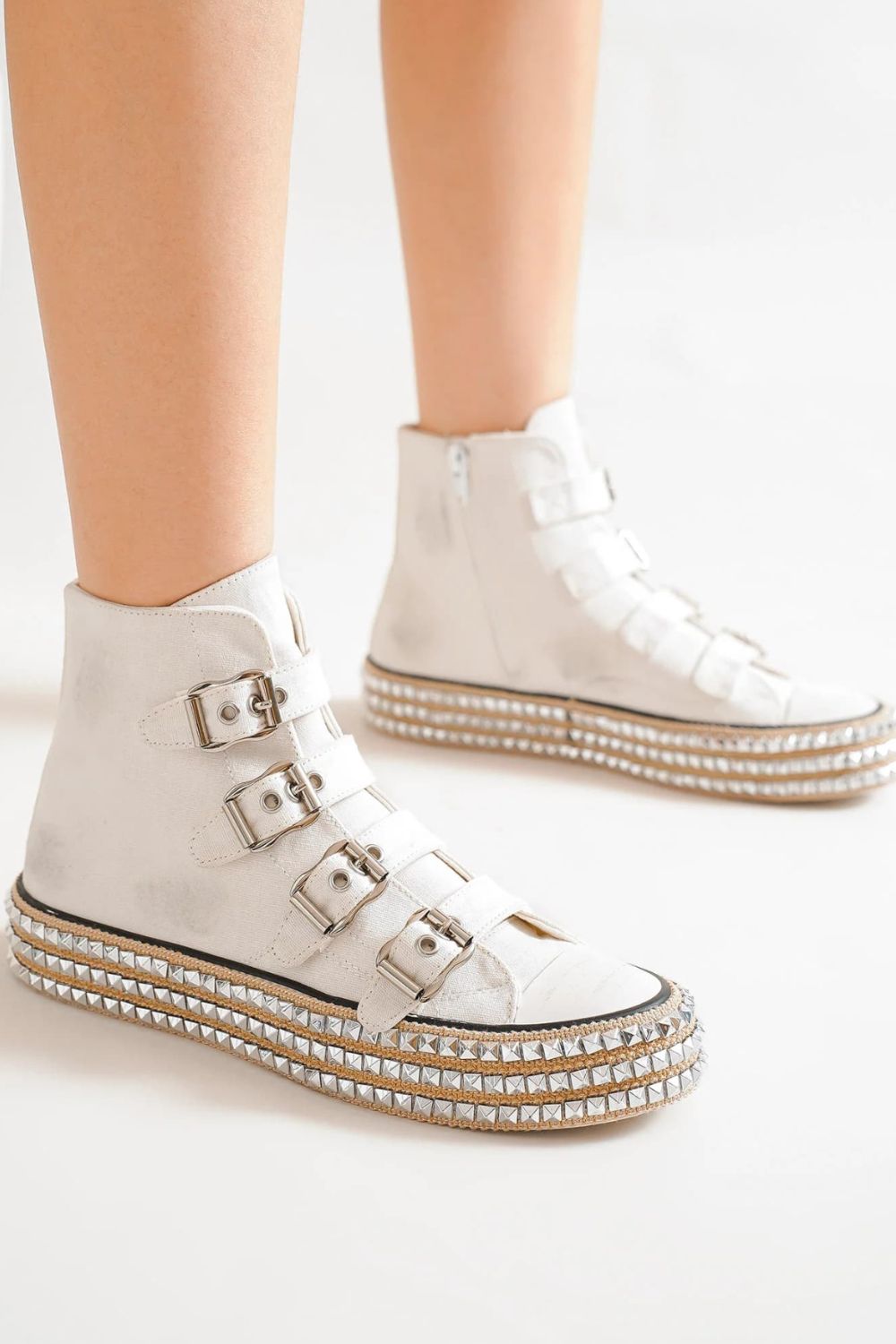 Multi-Buckle Straps Studded Platform Sneakers