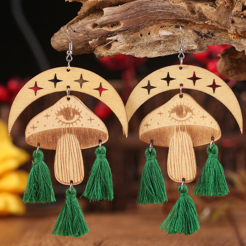 Moon & Mushroom Tassel Boho Dangle Earrings