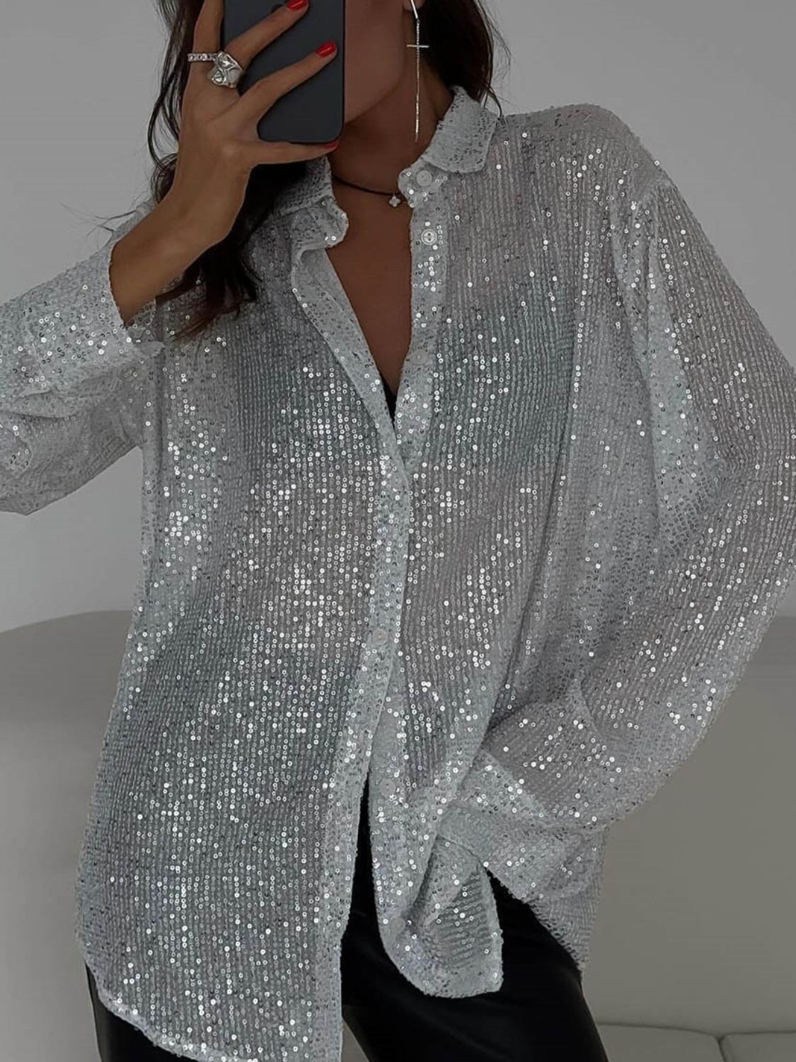 Sequin Button Up Long Sleeve Resort Shirt