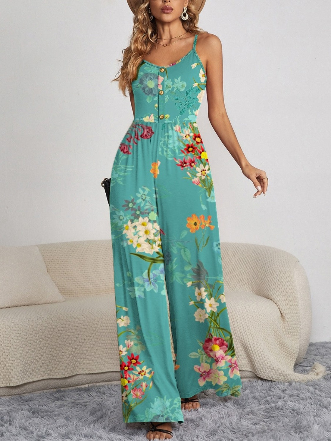 Spaghetti Strap Wide Leg Vacation Jumpsuit