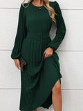 Pleated Round Neck Long Sleeve Midi Dress