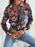 Full Size Printed Collared Neck Long Sleeve Resort Blouse