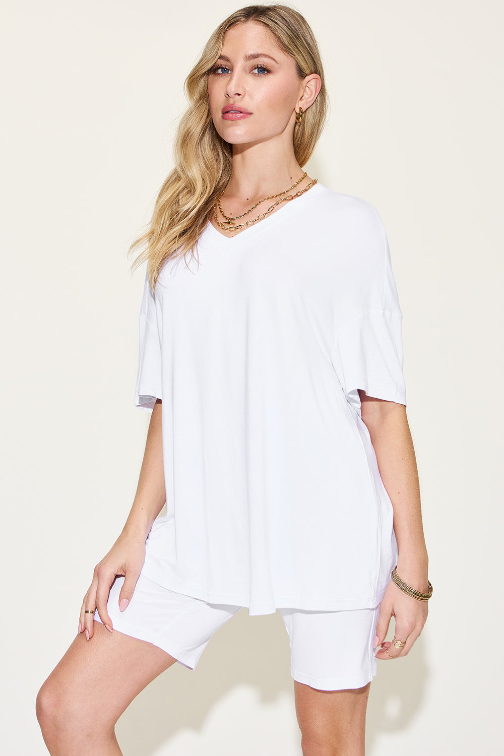 Plus Size V-Neck Drop Shoulder T-Shirt and Shorts Set