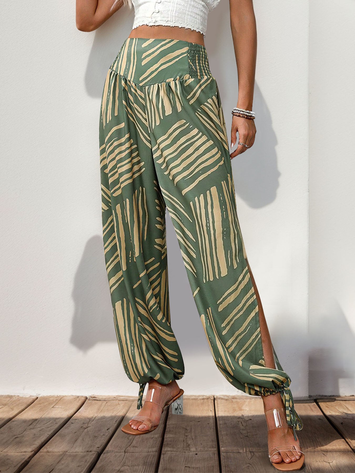 Slit Printed High Waist Vacation Pants