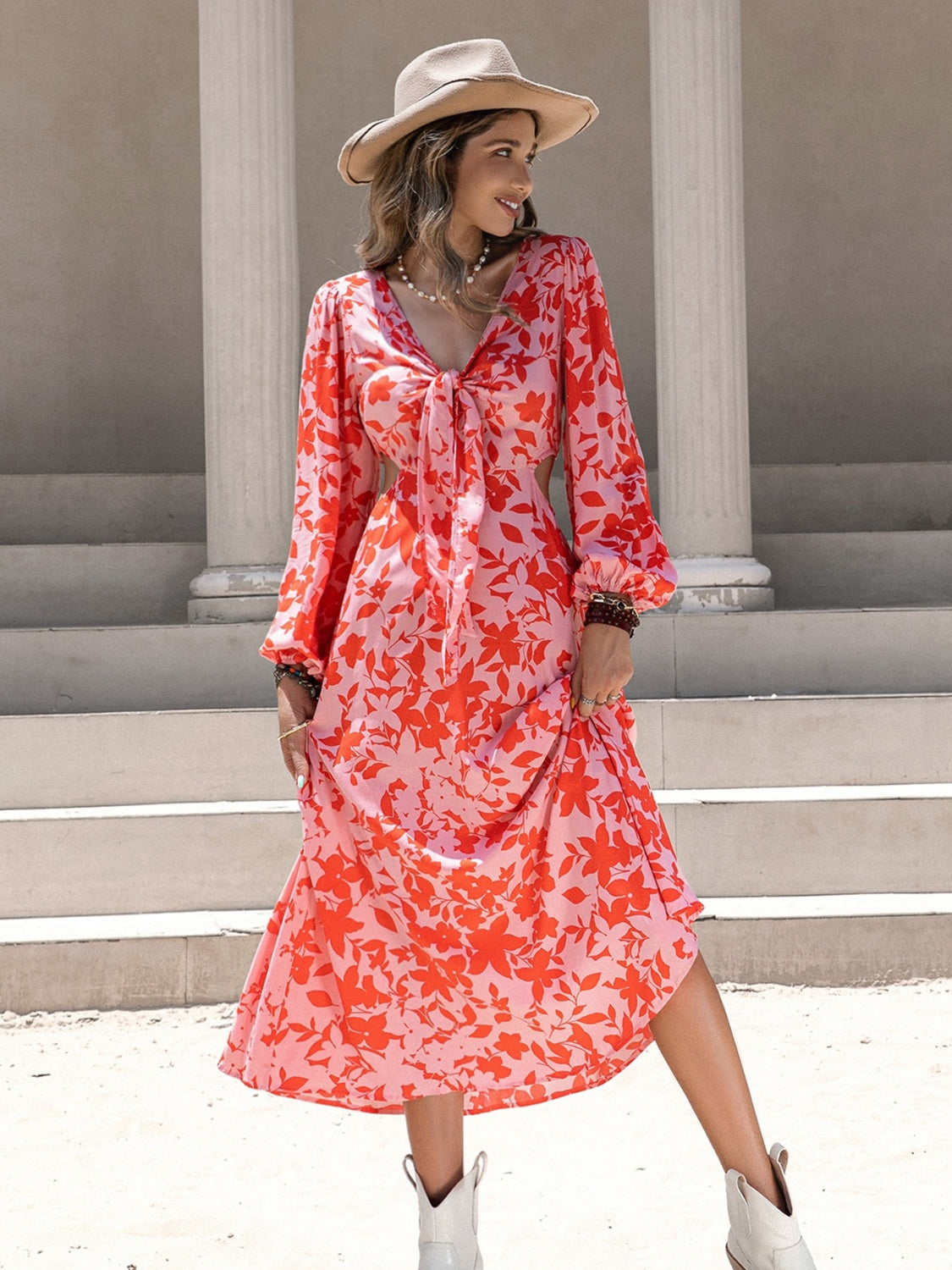 Tied Cutout Printed Long Sleeve Midi Beach Dress