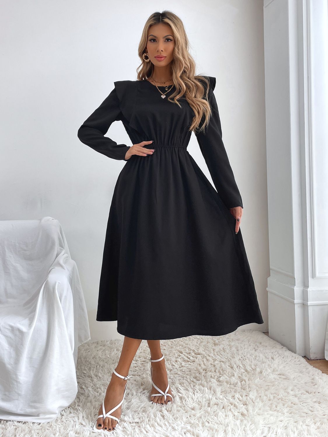 Ruched Ruffled Round Neck Long Sleeve Midi Dress