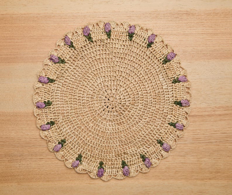 Tulip Floral Placemat – Hand-Crocheted Raffia – Handmade by Artisans in Madagascar