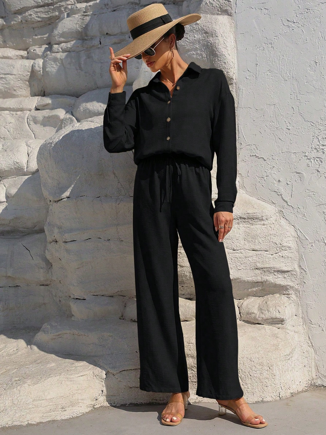 Button Up Long Sleeve Resort Top and Pants Set