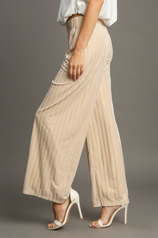 Elastic Waist Striped Wide Leg Velvet Resort Pants