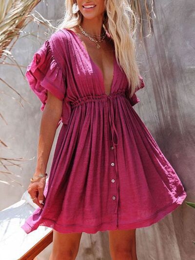 Drawstring Ruffled Half Sleeve Mini Boho Dress