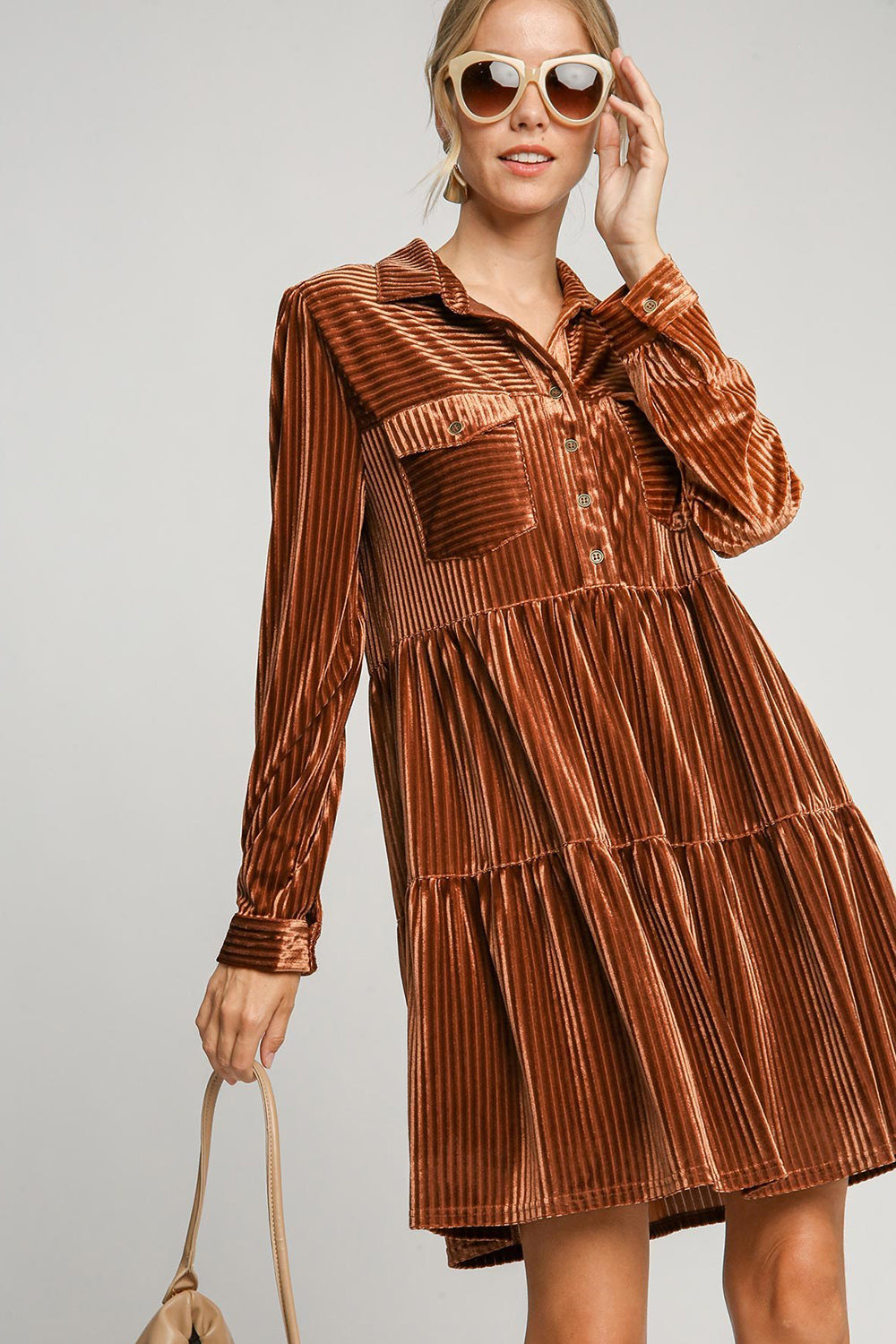 Texture Tiered Collared Long Sleeve Resort Dress