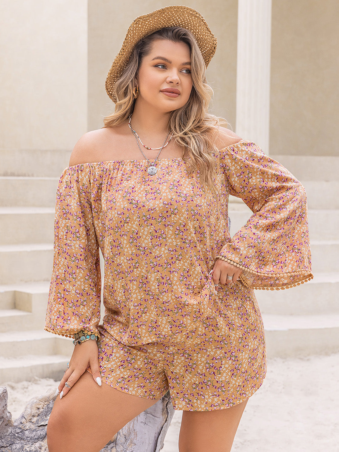 Plus Size Off-Shoulder Summer Top and Shorts Set