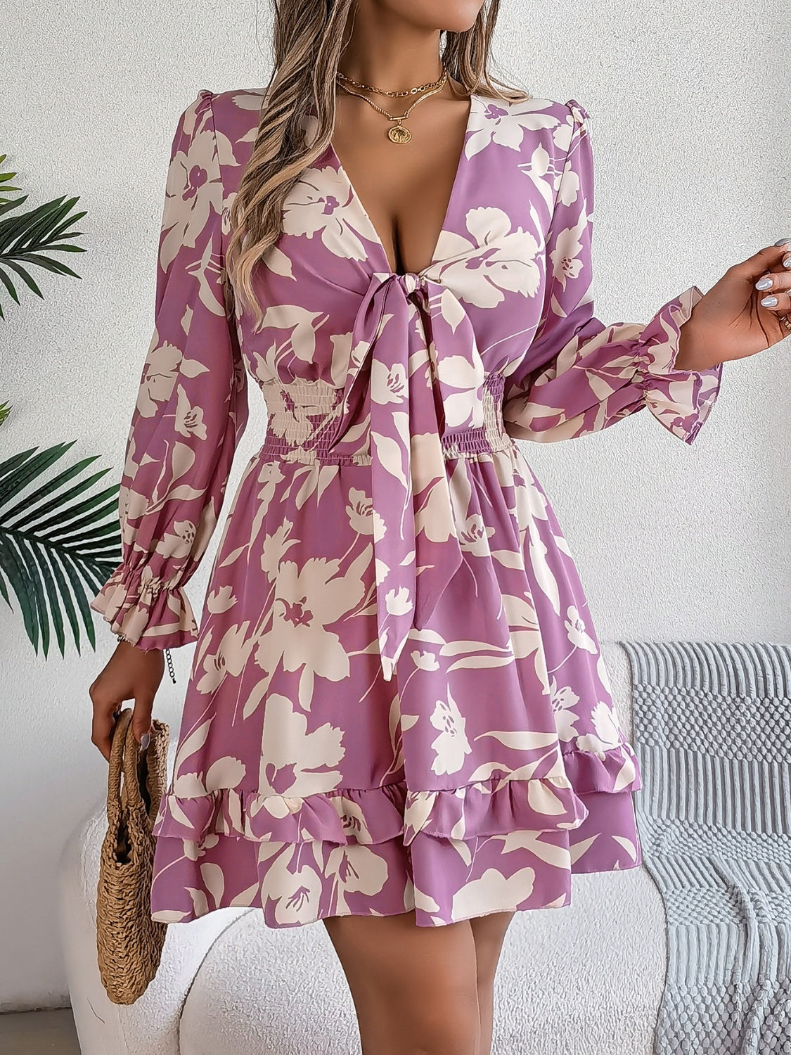 Floral Ruffled Long Sleeve Dress