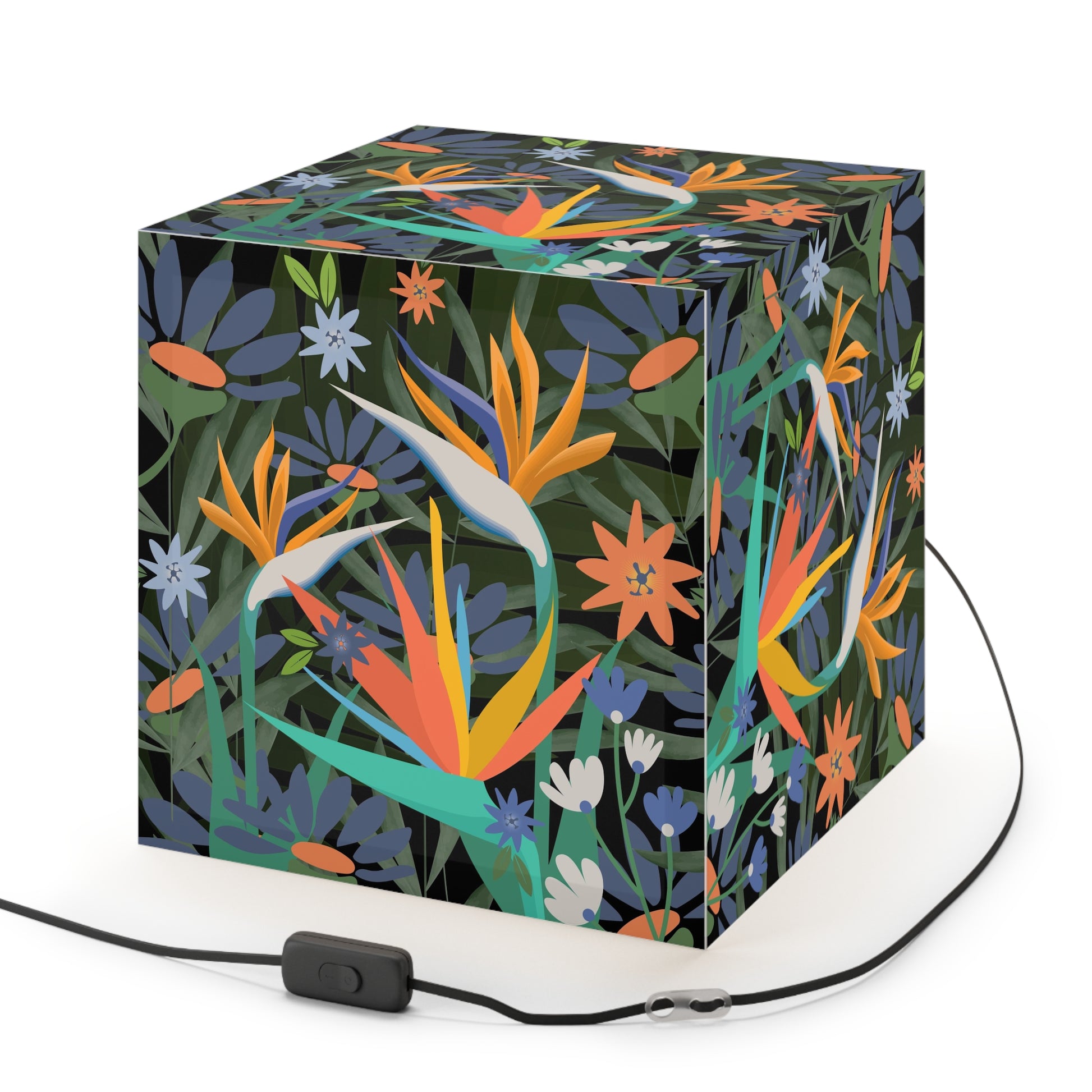 Bird of Paradise Light Cube Lamp, Tropical Floral Boho Lamp, Modern Lamp