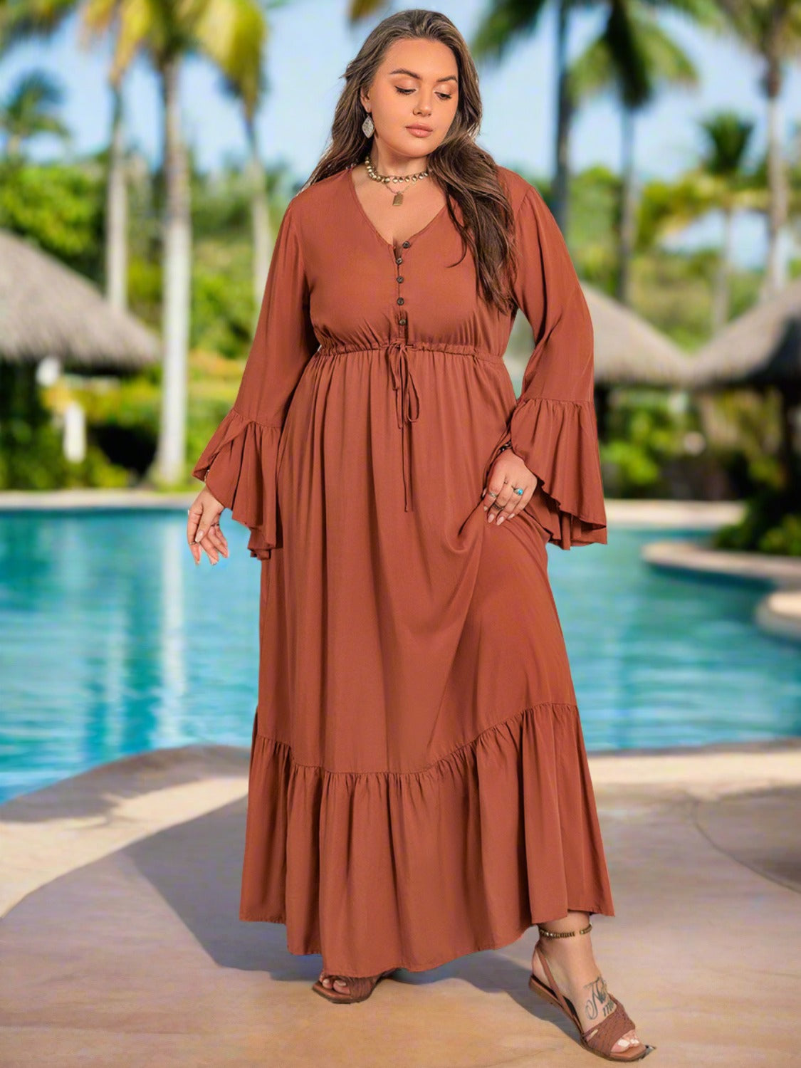 Plus Size V-Neck Flare Sleeve Maxi Dress